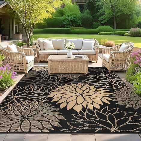 Tapis Exterieur Pluie Réversible, Tapis Exterieur Terrasse Camping Plastique Léger, Résistant Aux UV Moquette Exterieur Balcon Jardin, Fleurs Noir et Or, 180 X 270 cm (1/5)
