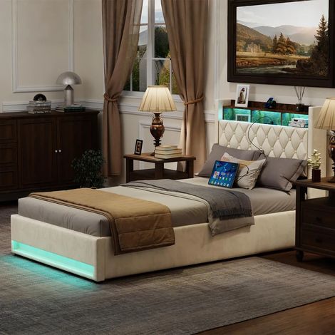 Lit coffre140x190 cm rembourré Okwish, lit enfant avec éclairage LED, ports USB et prises, lit coffre avec tête de lit et étagère, lit confortable pour chambre, beige (sans matelas) (1/5)
