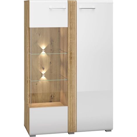 Highboard Vitrine Eiche Castello Nb. mit weiß Hochglanz AKRON-131 MDF Fronten mit filigraner Fräsung, B/H/T: ca. 92/143/42 cm (1/5)
