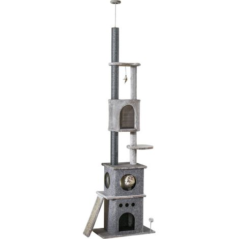Kratzbaum Katzenbaum Deckenhoch Kletterbaum Mit Katzenspielzeug Sisal Plüsch Hellgrau Höhenverstellbar 60 X 40 X 225-255 Cm