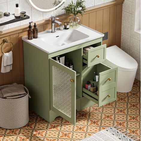 Mueble lavabo 80 cm con taburete integrado, lavabo de cerámica, cajones e iluminación LED, en MDF, verde (1/5)