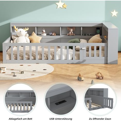 Lit de repos 90x200cm, canapé convertible, table de nuit avec tiroirs, sommier à lattes (sans matelas), barrière de protection, panneaux en bois, prise et port USB, gris. (1/5)
