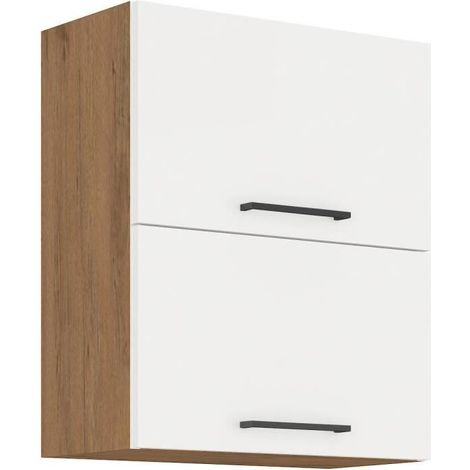 ROCK - Meuble haut - Mélaminé chêne Lancelot et Blanc brillant - 60 cm - 2 portes basculantes (1/2)