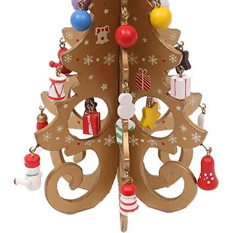 Décoration de sapin de Noël en bois, 6 pièces, sapin de Noël 3D en bois jaune, idéal pour les fêtes de Noël. (1/4)