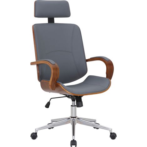 Fauteuil de bureau rétro-chic – Confort et style intemporel assise en PVC gris cadre en métal et bois couleur noyer 100007044