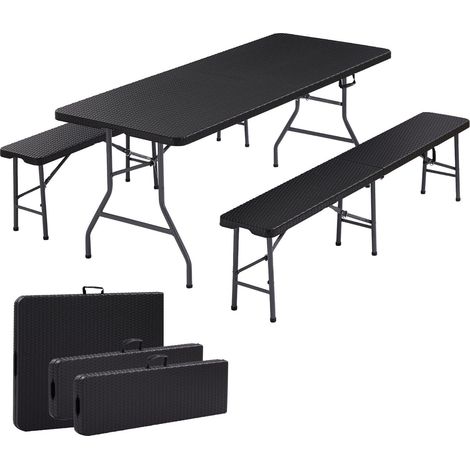 Arebos Bierzeltgarnitur 3-teilig Set Tisch + 2 x Bank Festzeltgarnitur für drinnen - draußen Biertisch Set Zusammenklappbar & mit Tragegriff Campingtisch Rattan-Look Schwarz (1/5)