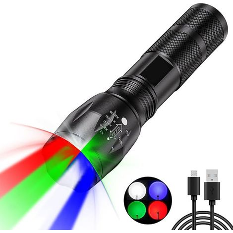 4-farbige Zoom-LED-Taschenlampe (rot, weiß, grün, blau), extrem hell, wiederaufladbar, 4 Modi, multifunktionale Outdoor-Taschenlampe.