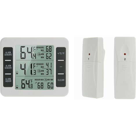 lot de 1 Thermomètre de Frigo Congelateur, Thermomètre de Réfrigérateur sans Fil avec 2 Capteurs, Alarme Sonore, Min/Max, Thermomètre in/Extérieur pour Maison Cuisine Restaurant Bars Café (1/5)