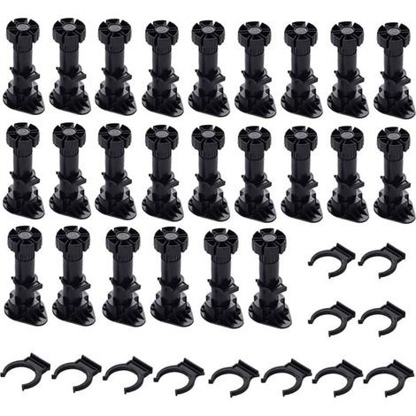 24 pieds Pieds D\'Armoire Plastique,Pied de Meuble,Pied Réglable pour Meuble,Noir Pieds de Meuble Plastique avec Clip Fixation Base pour Meubles de Cuisine,Armoire et Canapé (60mm-8mm) (1/5)