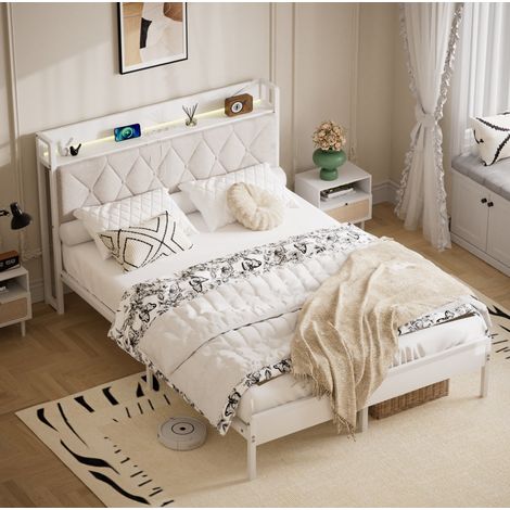 Etagenbett 140/190 cm blanco con cabecero acolchado, LED y USB, estilo moderno con espacio de almacenaje (1/5)