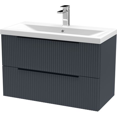 Fluted Front Wall Hung 2-Drawer Bathroom Vanity Unit with 1 Tap Hole Basin, 800mm, Satin Dark Grey, Black Handles