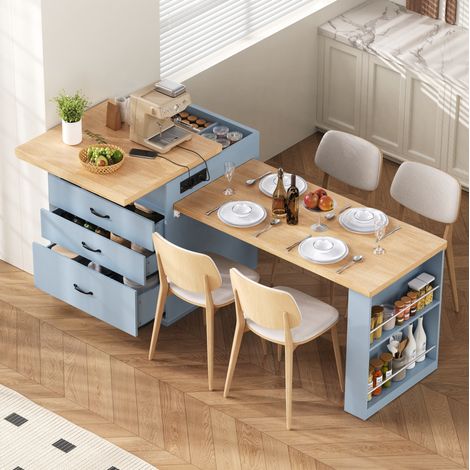 Îlot de cuisine avec table extensible et roulettes, LED et prises USB/Type-C, bleu, OKWISH (1/5)
