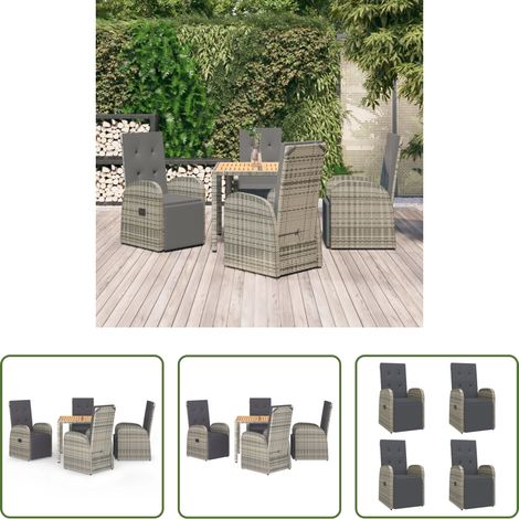 Gartenessgruppe - 5-tlg. Garten-Essgruppe mit Kissen Grau Poly Rattan (1/5)