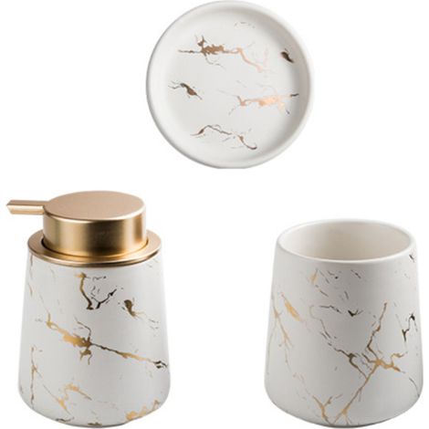 Accessoire Salle De Bain - Ensemble Céramique Marbré - Distributeur Savon Porte Savon Gobelet Porte Brosse À Dents - 4 Pièces