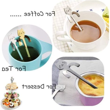 Dailygoods - Cuchara de café con forma de gato - Acero inoxidable 304 - 6 piezas - Cuchara de postre - Cuchara de té - Apta para azúcar y crema (1/5)