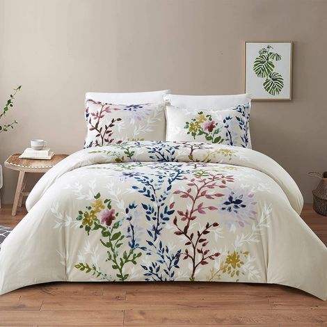 Parure de lit 3 pièces – Tiges Florales Multicolores avec Silhouettes de Feuilles Blanches – 100% Coton – Lavable en Machine – Comprend 1 Housse de Couette et 2 taies (1/5)
