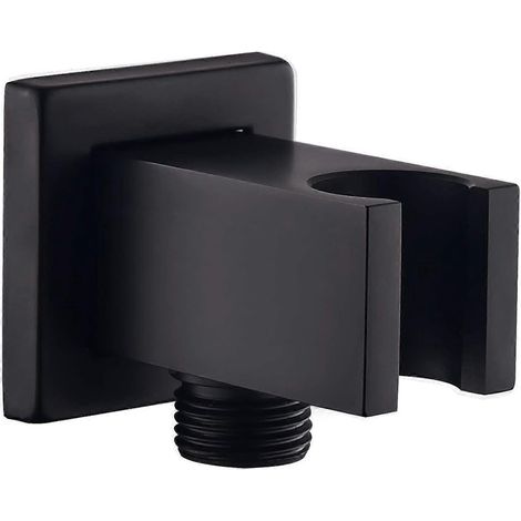 Coude d'alimentation mural avec support pour douchette - Carré en laiton - Raccord de flexible de douche 1/2" - Support mural noir (1/5)