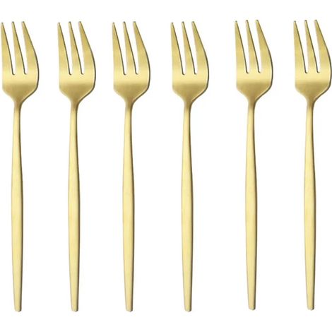 (Or) Un ensemble de 6 fourchettes à fruits en acier inoxydable mat, un mini ensemble de couverts dorés. (1/5)
