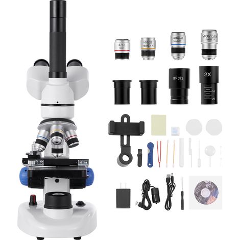 Mophorn Microscopio Trinoculare, Kit Microscopio Composto con Ingrandimento 40-5000X, Struttura in Lega di Alluminio, Illuminazione a LED e Supporto per Smartphone, Ideale per Laboratori e Scuole