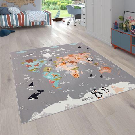 Paco Home Tapis Enfant, Tapis Poils Ras Chambre Enfant Différents Designs Tapis Jeu Coloré 200 cm carré, Gris 3 (1/4)