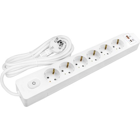 Multiprise SELDUR G6TH22B, 6 prises type F + interrupteur, USB A+C charge rapide 20W, Blanc, câble 2m (1/5)