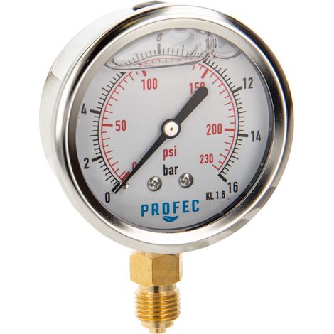 Profec Manometer 0 - 16 bar, Glyzeringefüllt, Ø 63 mm, 1/4 Zoll Anschluss nach unten Radial, Überdruck-Manometer