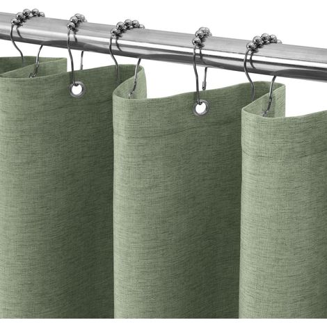 Rideau de Douche Lin avec Anneaux en Métal Imperméable Anti-Moisissures Polyester Tissu Rideau Salle de Bain Lourd pour Baignoire Cabine de Douche 122x182CM (Gris Vert) (1/5)