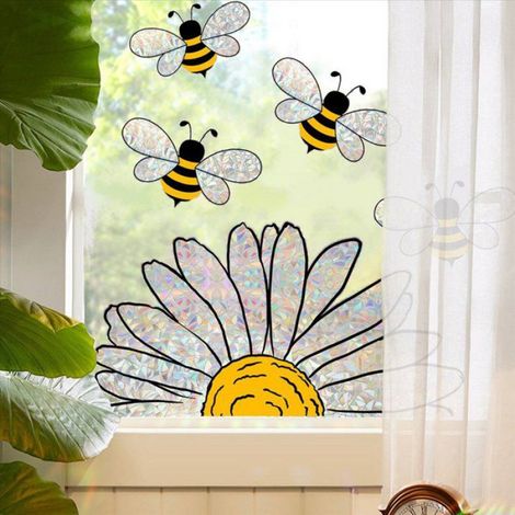 3X Adorables Autocollants en Verre de Style Abeilles, Autocollants de Fenêtre D 'Abeille - Autocollants de Vitrail de Tournesol, (1/5)