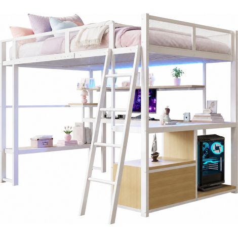 Lit mezzanine 140x200 cm avec bureau intégré, LED, rangements et échelle sécurisée, structure métal et MDF blanc pour chambre gain de place  CHICFURN (1/5)