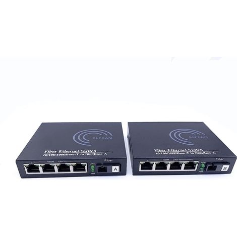 Elfcam - Lot de 2 Convertisseurs Fibre Optique Ethernet - SC Monomode, 4 Port SFP + 4 Port RJ45, Jusqu’à 20 km, Module SFP Inclus