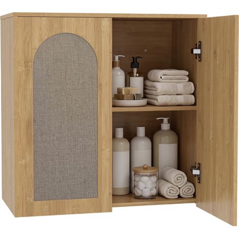 Armoire murale de salle de bain - HOMCOM - 2 portes effet rotin à fermeture douce et étagère réglable - bois - 60x30x60cm - chêne (1/5)