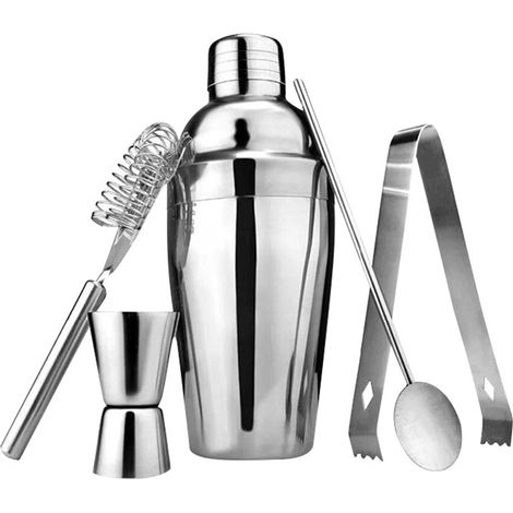 5-teiliges Cocktailset aus Edelstahl, bestehend aus einem 750-ml-Shaker, Löffel, Jigger, Zange und Barsieb. (1/5)