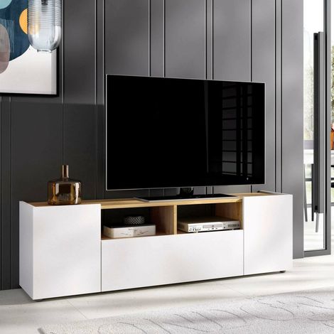 Dmora - Mobile porta TV Etna, Credenza bassa da soggiorno, Madia da salotto per televisione, 142x35h44 cm, Bianco e Rovere Nodi, con imballo rinforzato (1/5)