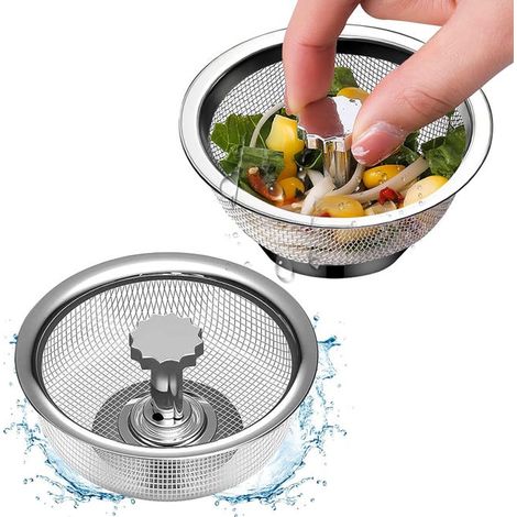 Nuevo colador de fregadero, juego de 2 coladores de acero inoxidable, colador de cocina mejorado con mango telescópico y tapón de silicona para un mejor rendimiento (1/5)