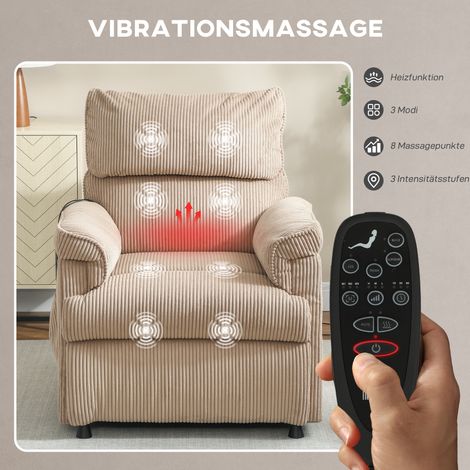 Fauteuil relaxant à vibrations avec fonction chaleur, moteur discret, mémoire intégrée, structure acier, housse textile, marron