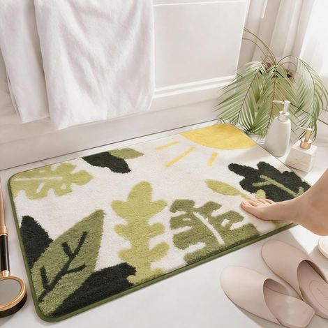 CCYKXA Tapis de Bain Antidérapant,Tapis Salle de Bain Absorbant en Microfibre Douce, Tapis de Salle de Bain Feuilles Vertes d'été, Lavable en Machine, 50 x 80 cm (1/5)