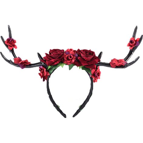 Serre-tête en bois de renne pour femme, style Mori girl, orné d'une rose et de bois de cerf, accessoire de coiffure rétro gothique pour Noël et Halloween (1/3)