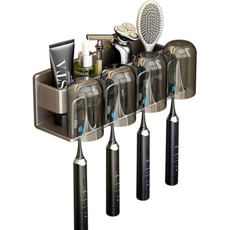 Support mural en aluminium pour brosses à dents, distributeur de dentifrice et 4 gobelets, gris (1/4)