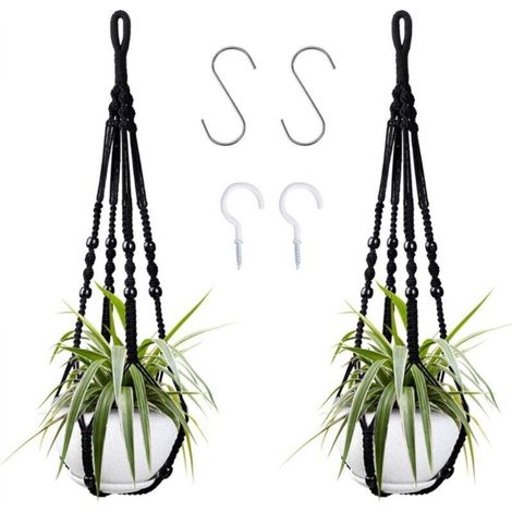 Portapiante da interno in corda di cotone nera, 85 cm, con perline di legno, per decorazione d'interni, senza ganci, 2 paia