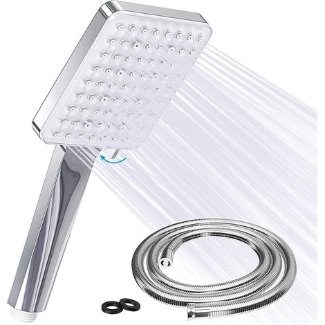 Douchette avec flexible en acier inoxydable de 1,5 m, jets carrés, grande pomme de douche, économie d'eau, haute pression, chromée, pomme de douche universelle, douche de tête pour piscine et spa (1/5)