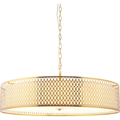 Endon Cordero Suspension cylindrique effet plaque dorée, tissu blanc et verre dépoli, 5 ampoules E27