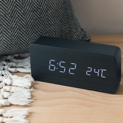 Réveil Bois LED - Horloge Digitale Aspect Bois - Réveil Matin Tactile avec Fonction Date Heure Température - Rectangle Noir et LED Blanc (1/4)