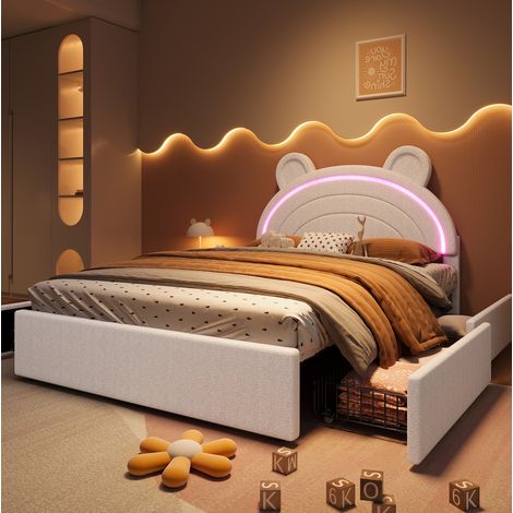 Letto per bambini 140x200 cm in velluto beige con 4 cassetti, senza materasso FloraGrace (1/5)