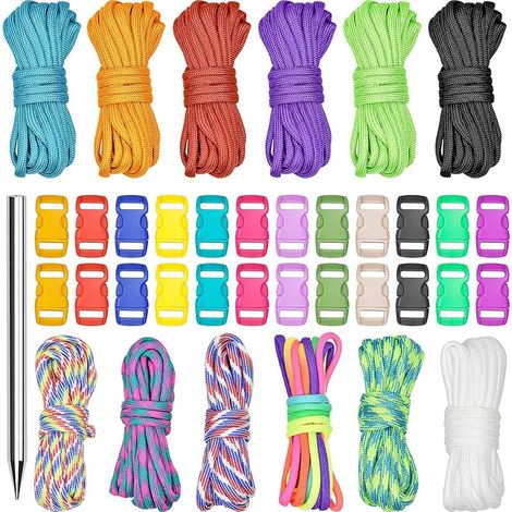 12 Stück 10 Fuß Paracord Schnur 550 Paracord Seile, Paracord Armband Paracord Bänder Set mit 24 Paracord Steckverschluss für DIY Armbänder, Schlüsselanhänger,Hundeleinen, Leinen, Zeltseil
