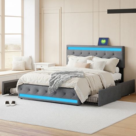 Lit 140x200 cm avec tiroirs, lit double avec 4 tiroirs, bandeau lumineux LED et connexion USB, sommier à lattes, lin, Gris foncé (1/5)
