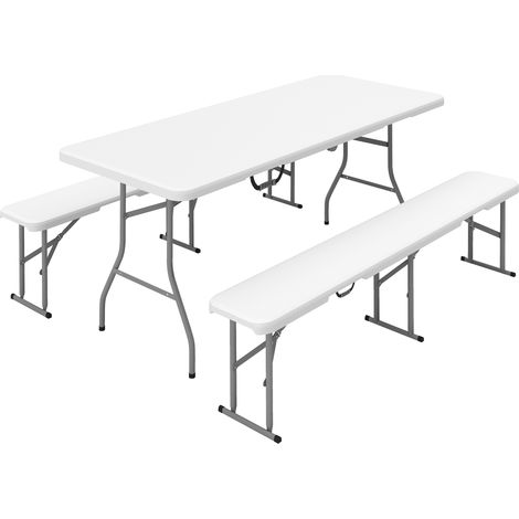 Outsunny Set da Campeggio Pieghevole a 3pz con Tavolo e 2 Panche Bianco Grigio