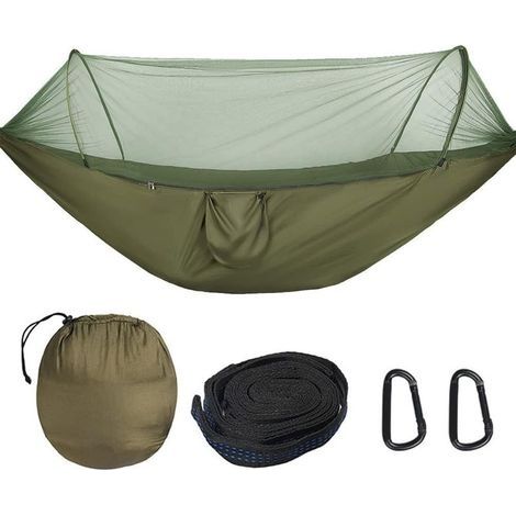 Hamac d'extérieur avec moustiquaire Hamac de voyage en nylon Charge maximale de 300 kg 260 x 140 cm Accessoires de camping pour l'extérieur, intérieur avec sangles d'arbre (olive) (1/5)