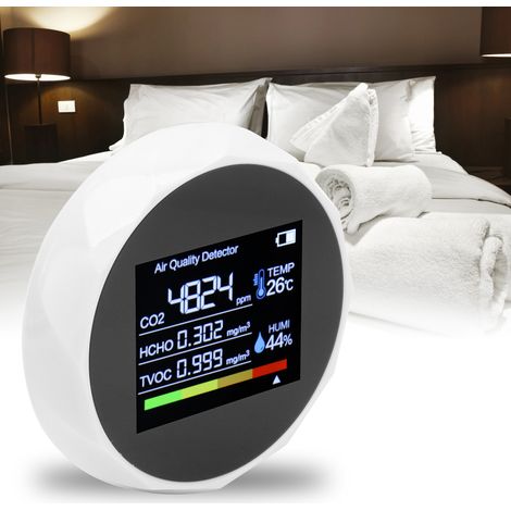 Détecteur de qualité de l'air, thermomètre et hygromètre, détecteur multifonctionnel à affichage numérique TVOC, rechargeable par USB, blanc. (1/5)