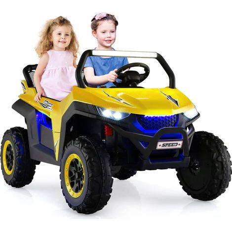 COSTWAY 2 Sitzer Kinderauto mit 2,4G Fernbedienung, 12V Kinder UTV mit Musik und Scheinwerfer, Jeep Auto 2-4 km/h, für Kinder ab 3 Jahren Gelb