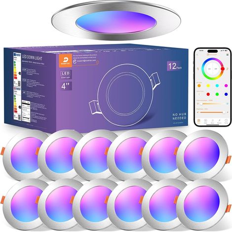 Spot LED Encastrable Nickel Connectée Bluetooth, Lot de 12 Blanc Chaud et Froid Reglable Intensite, Spot IP44 Salle de Bain 7W 220V, Dimmable avec Appli Telephone, Trou 68-85mm